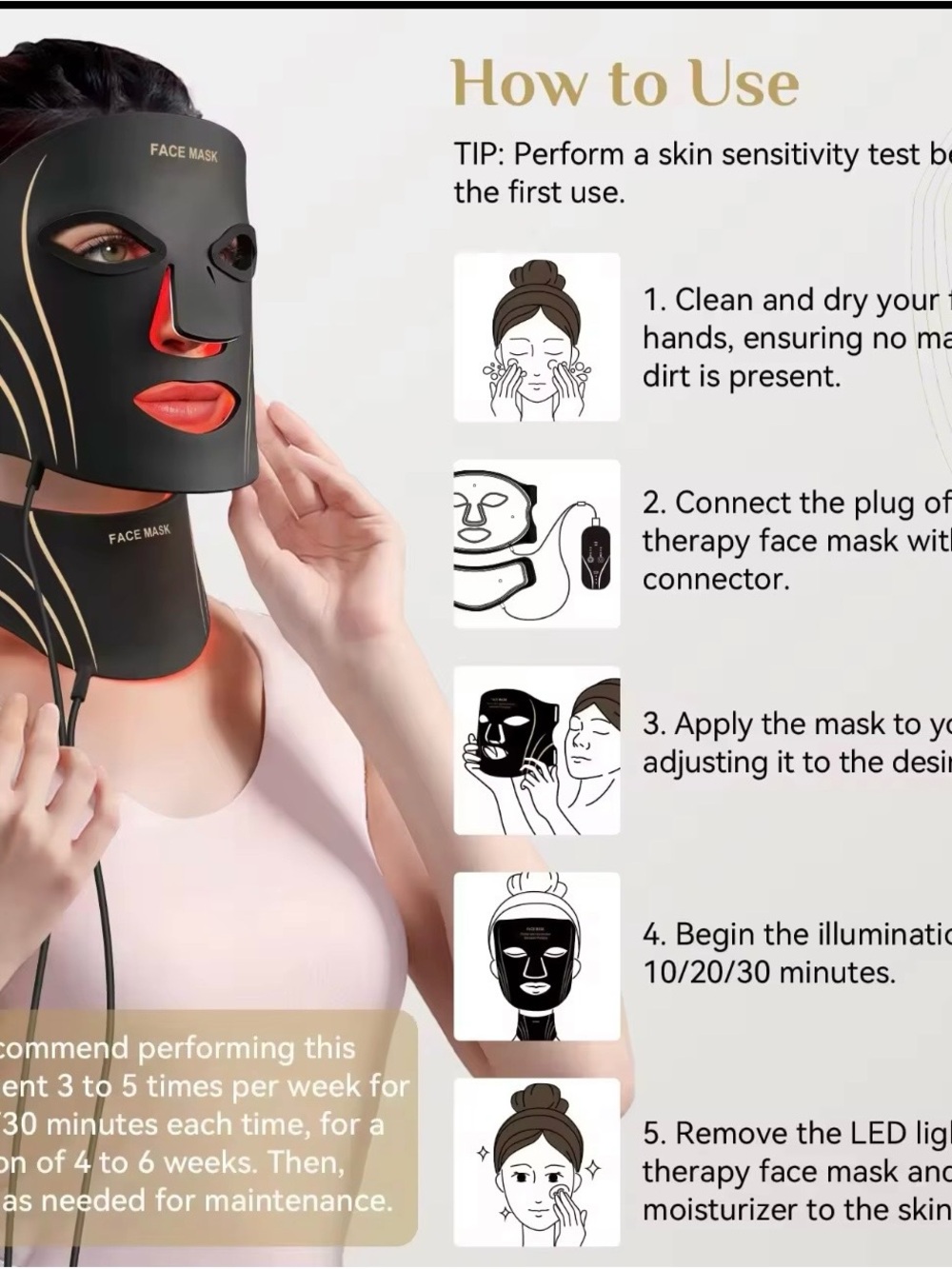LED Light Therapy Face & Neck Mask - Black with Gold Accents New in Box - Picture 4 of 6
